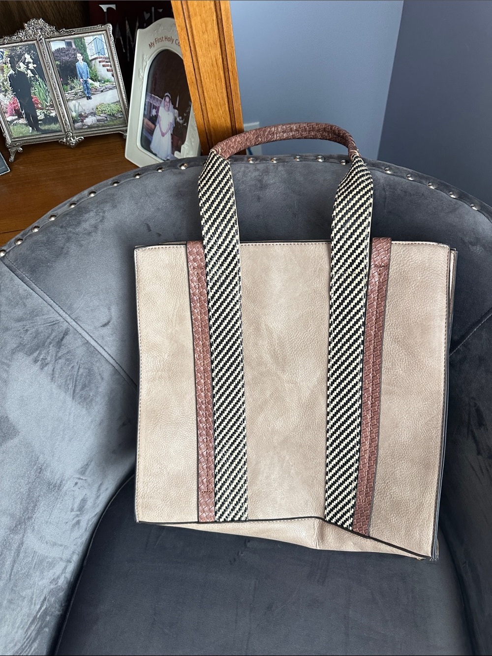 Men's Beige Canvas Tote Bag with Brown Trim and Black-White Striped Handles